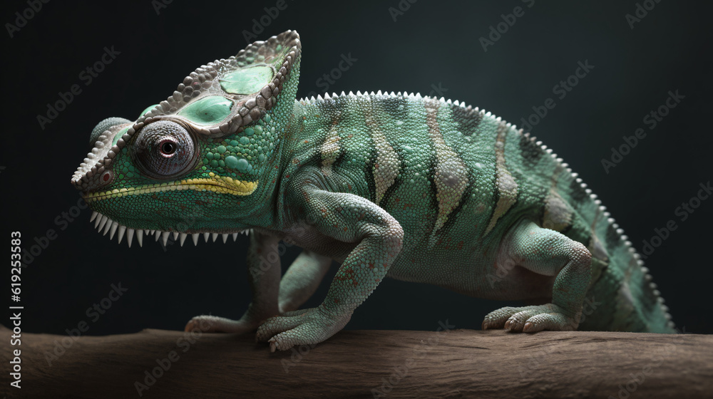 Fototapeta premium chameleon on a black background lizard reptile animal green generative ai