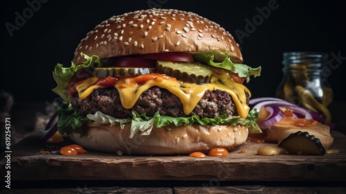 Hamburger on a wooden plate with a blurred background