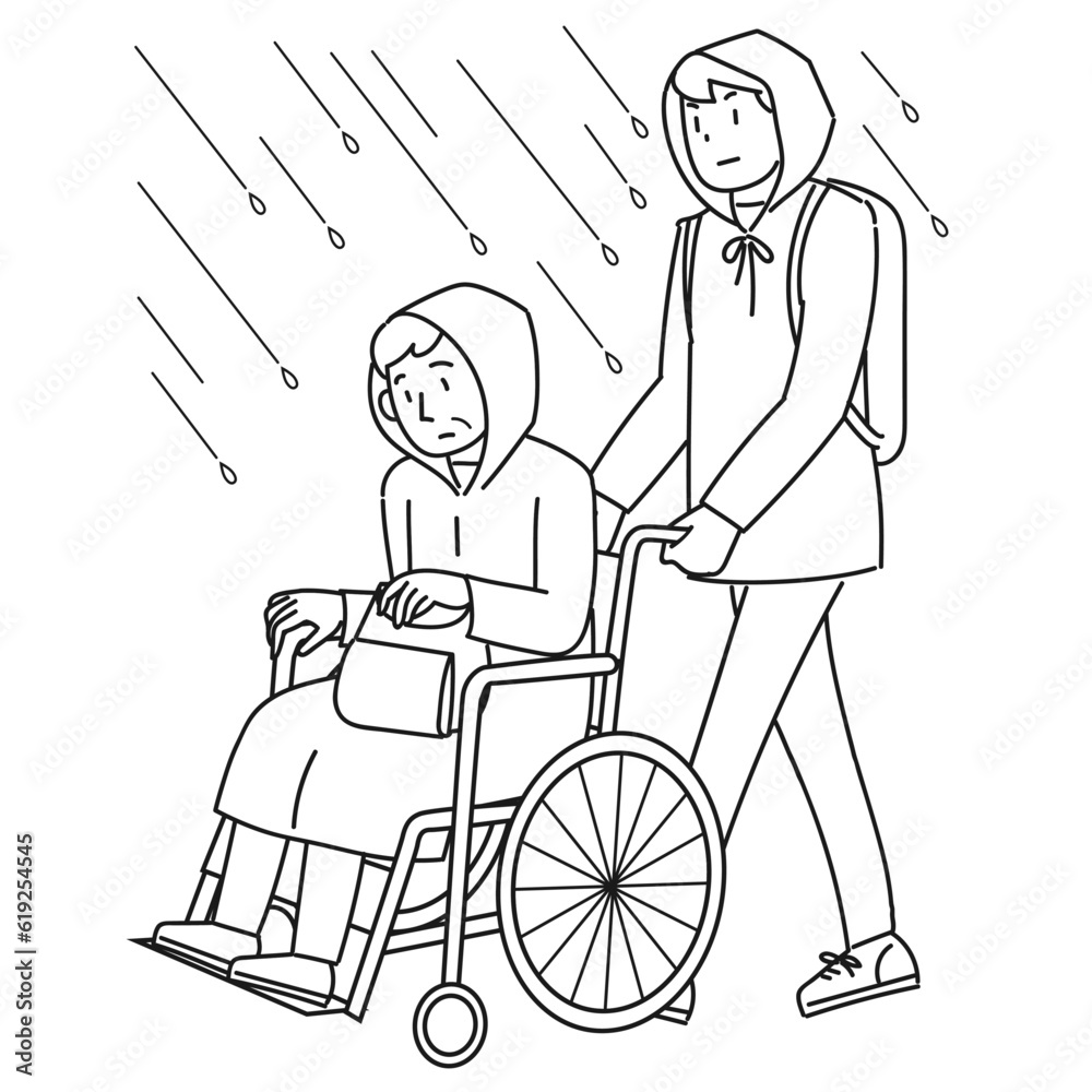 雨の中を避難する車椅子に乗った高齢男性と支援する男性