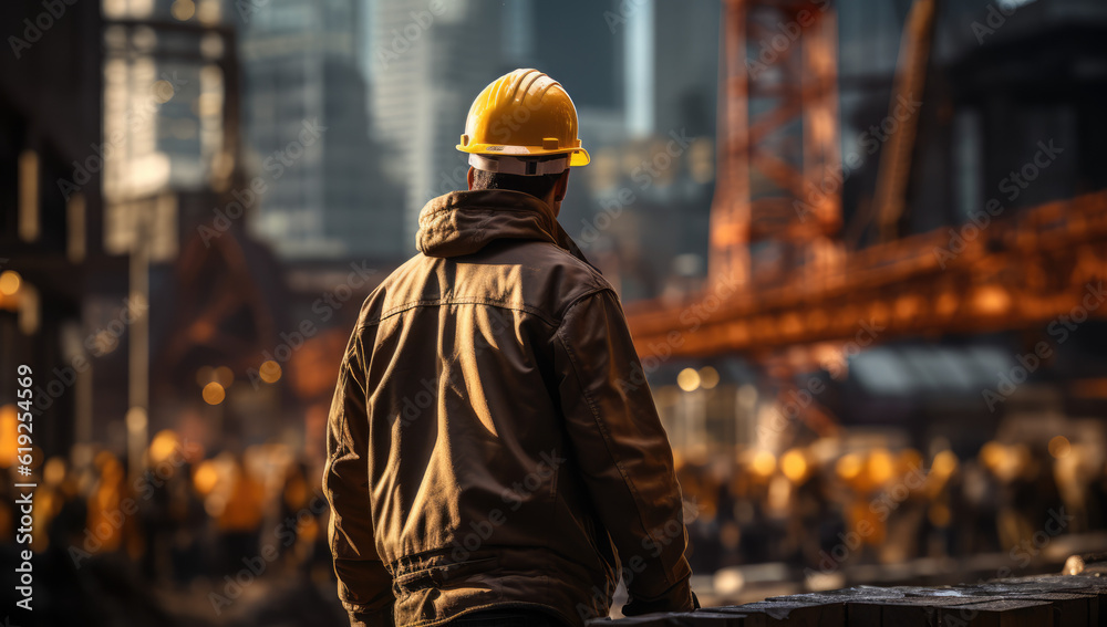 Urban Builders. A worker in a helmet standing in front of construction cranes, in the style of urban cityscapes. Progress and urban development concept. AI Generative Urban Builders. A worker in a helmet standing in front of construction cranes, in the style of urban cityscapes. Progress and urban development concept. AI Generative