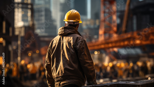 Urban Builders. A worker in a helmet standing in front of construction cranes, in the style of urban cityscapes. Progress and urban development concept. AI Generative