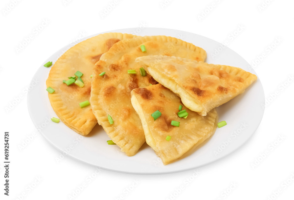 Delicious fried chebureki with cheese and green onion on white background Delicious fried chebureki with cheese and green onion on white background