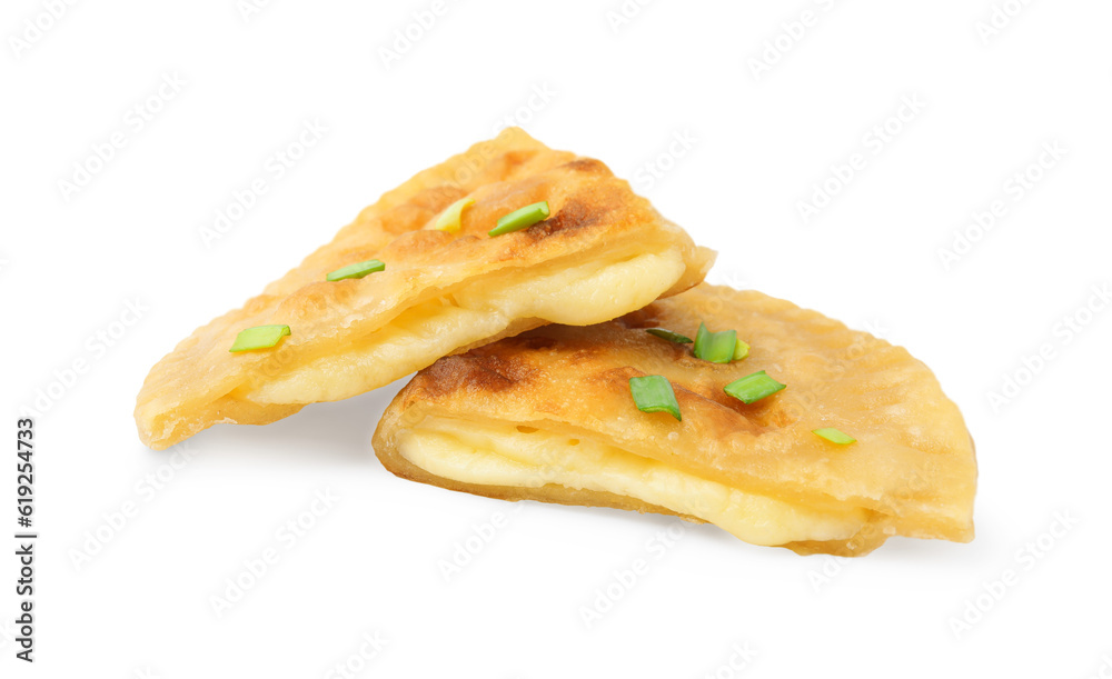 Cut delicious fried cheburek with cheese and green onion isolated on white Cut delicious fried cheburek with cheese and green onion isolated on white