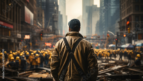 Urban Builders. A worker in a helmet standing in front of construction cranes, in the style of urban cityscapes. Progress and urban development concept. AI Generative