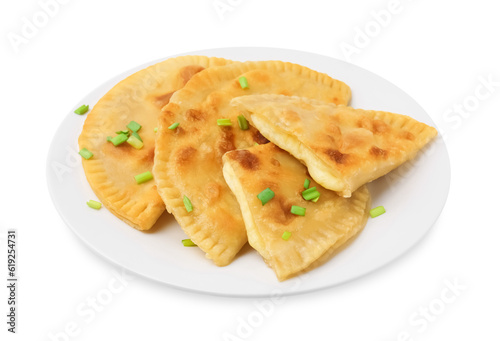 Delicious fried chebureki with cheese and green onion on white background