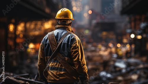 Urban Builders. A worker in a helmet standing in front of construction cranes, in the style of urban cityscapes. Progress and urban development concept. AI Generative