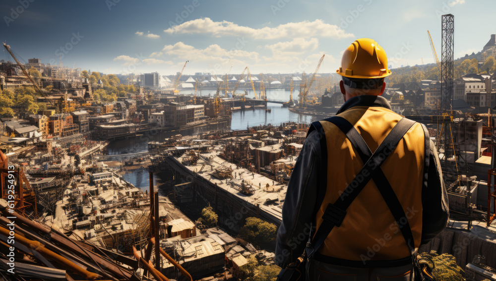 Urban Builders. A worker in a helmet standing in front of construction cranes, in the style of urban cityscapes. Progress and urban development concept. AI Generative Urban Builders. A worker in a helmet standing in front of construction cranes, in the style of urban cityscapes. Progress and urban development concept. AI Generative