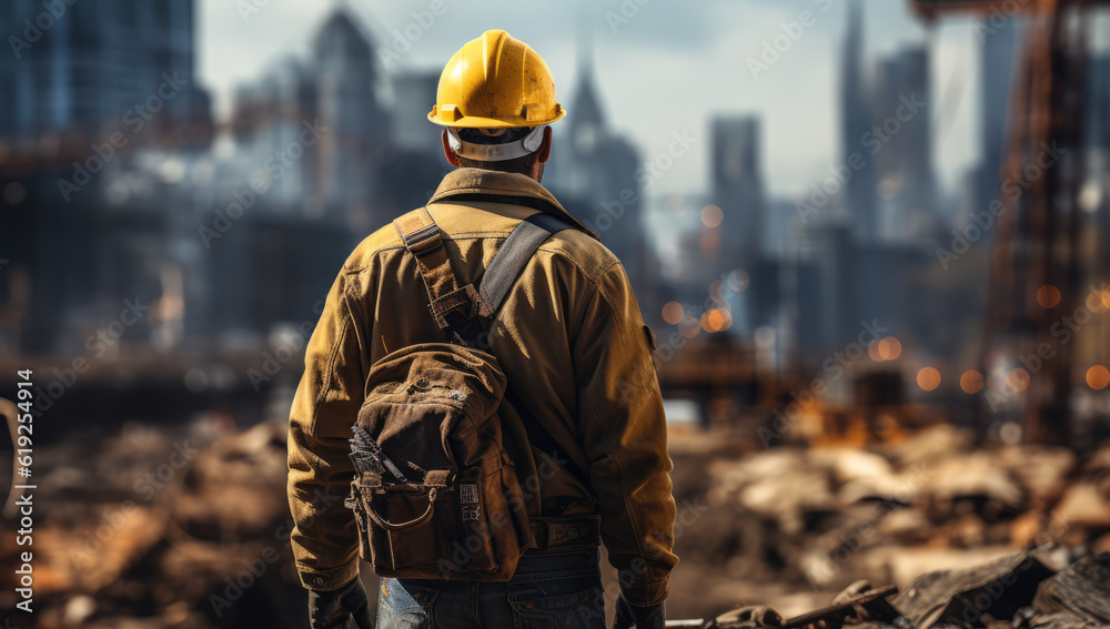 Urban Builders. A worker in a helmet standing in front of construction cranes, in the style of urban cityscapes. Progress and urban development concept. AI Generative Urban Builders. A worker in a helmet standing in front of construction cranes, in the style of urban cityscapes. Progress and urban development concept. AI Generative