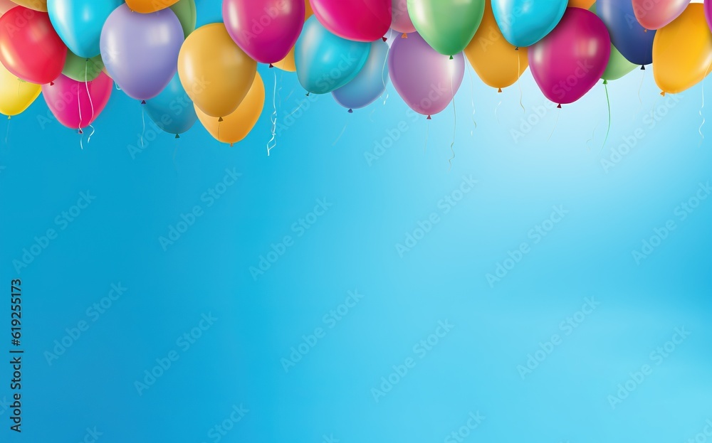 Colorful balloons in the air with blue background, negative space, for happy birthday or other celebrations, generative ai