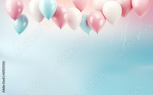 Pastel-colored balloons  pink  white and blue balloons in the air on a blue and white background  generative ai
