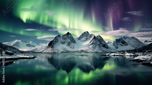 Aurora borealis, the northern lights in a beautiful view with reflection in the water, generative ai