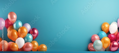 Colorful balloons on the ground with blue background, negative space, image for happy birthday or other celebrations, generative ai