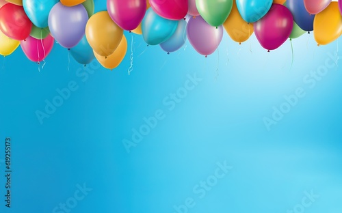 Colorful balloons in the air with blue background, negative space, for happy birthday or other celebrations, generative ai