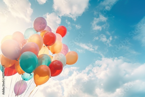 Colorful balloons in the sky flying towards the clouds, happy birthday or any other celebration image, generative ai