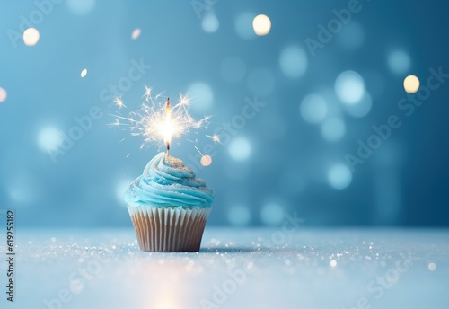 Happy birthday cupcake muffin with a sparkler, blue bokeh background, generative ai