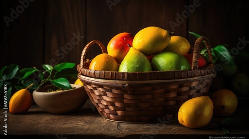 Mango fruits in a bamboo basket with blurred background