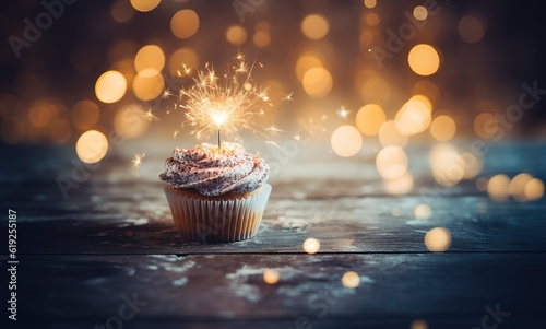Happy birthday cupcake muffin with a sparkler, shiny bokeh background, generative ai