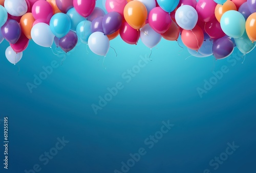 Colorful balloons for happy birthday or other celebrations, blue background, generative ai