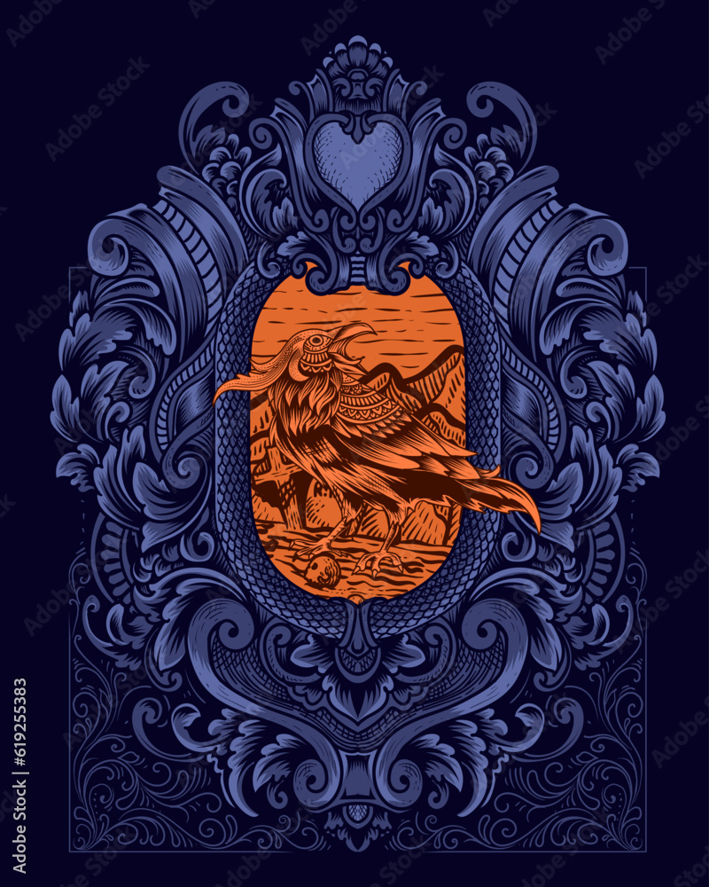 Fototapeta premium Crow bird on antique engraving ornament frame