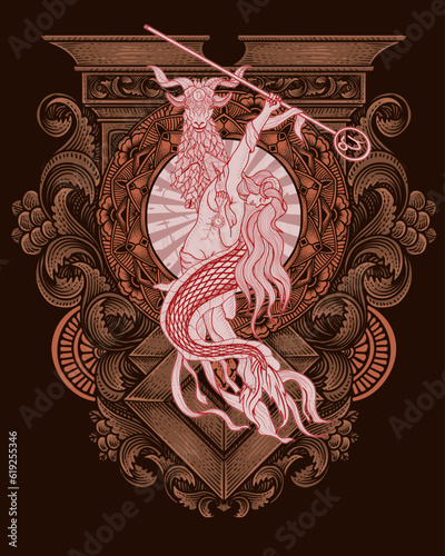 Capricorn zodiac symbol with antique engraving ornament