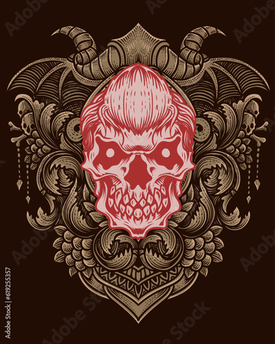demon skull with antique engraving ornament