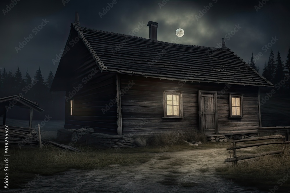 secluded cabin in the woods under the light of a full moon. Generative AI secluded cabin in the woods under the light of a full moon. Generative AI