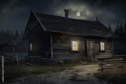 secluded cabin in the woods under the light of a full moon. Generative AI