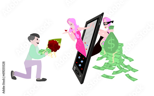 Online dating fraud concept.Thief girl promotes herself through social media programs, deceiving young people to love and willing to give them property. Cyber scam. Lovers mobile chat. Fake romance.