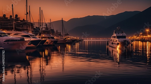 a marina in the evening with expensive luxury yachts. Generative AI