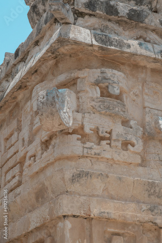 Engraving of the god Chaac in the church of Chicen Itza archeological ruins in the Yucatan peninsula Mexico