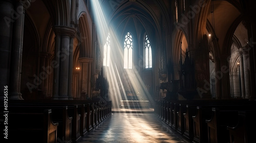 sunlight enters through a window in a church. sunbeams shine down from above. Generative AI