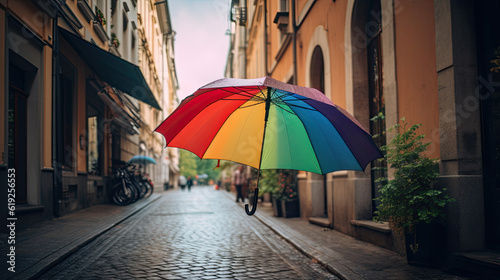 a rainbow colored umbrella flies through the streets of a city. Generative AI © jr-art