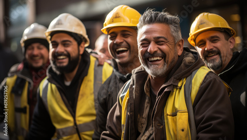 Building with a Smile: Construction Crew in Suits Grinning as They Contribute to Progress.\
Pride in Progress: Construction Workers Smiling Confidently in Their Suits on the Job Site.