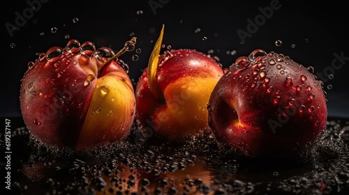 Nectarine hit by splashes of water with black blur background