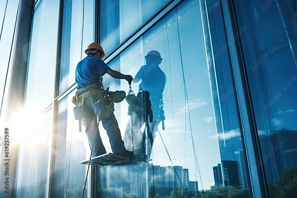Professional worker repairing and cleaning building windows on the facade facility of residential skyscraper