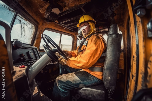 Male operator driving heavy equipment on construction building site, wearing artificial safety helmet