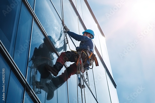 Professional worker repairing and cleaning building windows on the facade facility of residential skyscraper photo