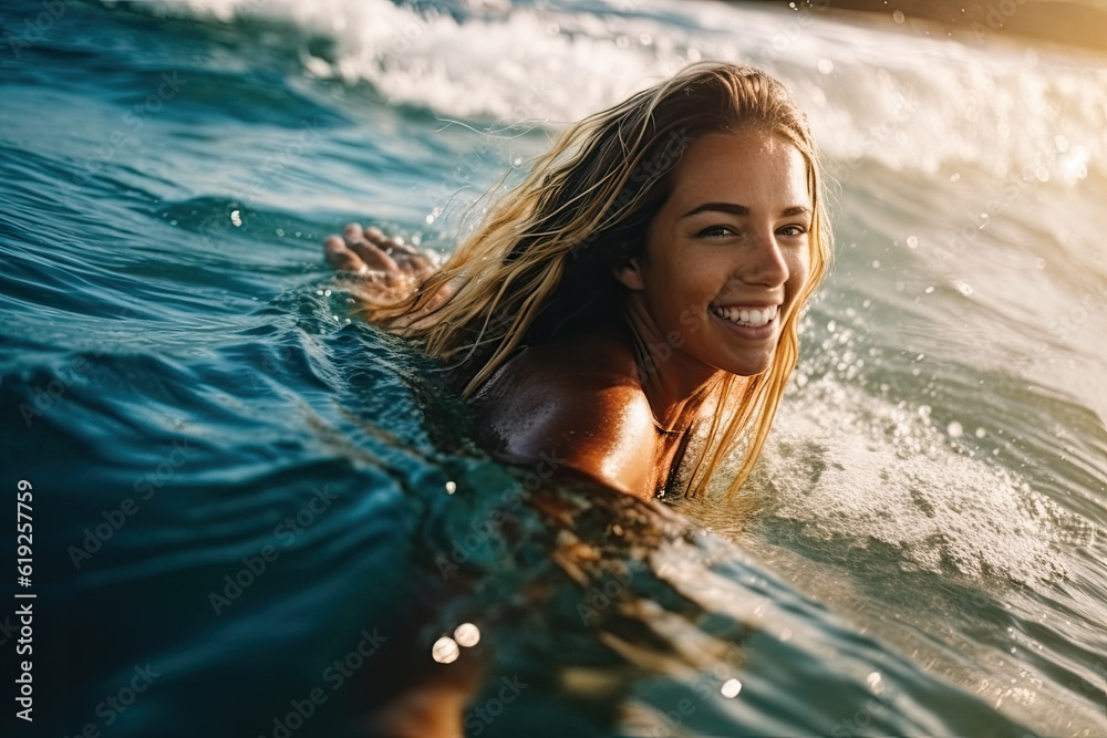 Beautiful fit surf girl swimming with longboard surfboard board in the ocean