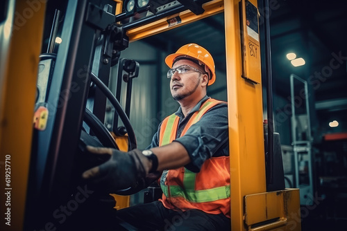 A Male worker operator driving lifting machine on warehouse building, labour clothing and safety equipment