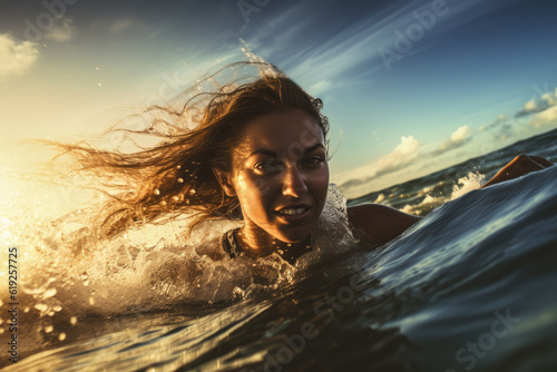 Beautiful fit surf girl swimming with longboard surfboard board in the ocean © pariketan