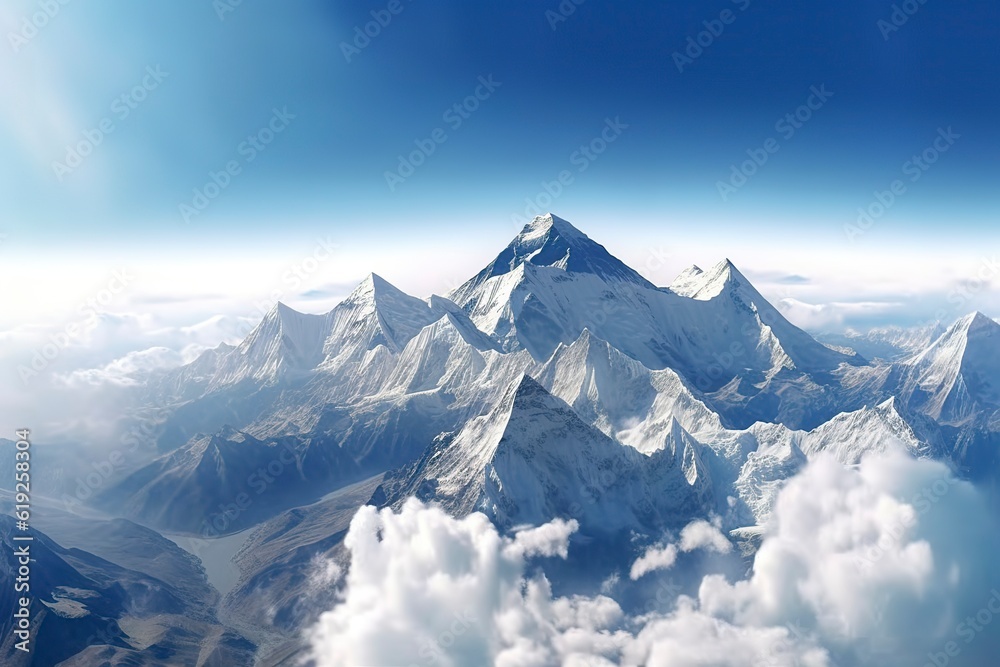 Beautiful mountains with perpetual snow, and in the background a valley with streams. Ai generated.