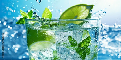 Cup with mojito, ice splashes and alcohol intoxicates.