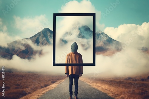 Introspective travel concept, a man holds a frame standing on a road between clouds. Ai generated.