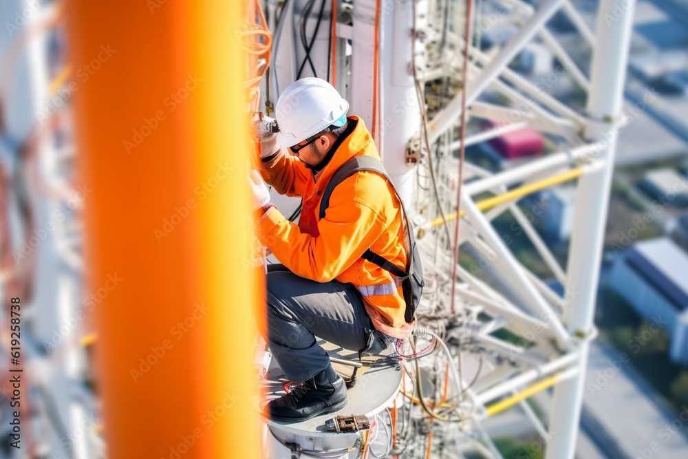 With utmost precision, the technician bravely perched on the 5G tower ensures flawless network connections. Ai generated. With utmost precision, the technician bravely perched on the 5G tower ensures flawless network connections. Ai generated.