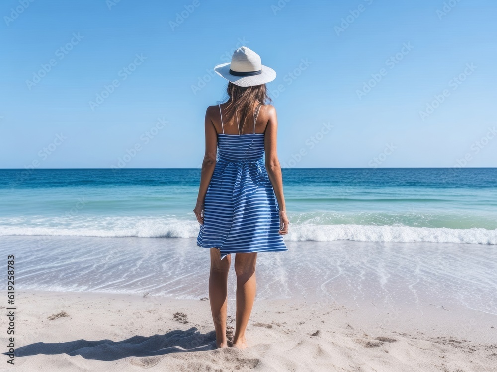 Back view woman standing at beach and looking at sea. Generative AI
