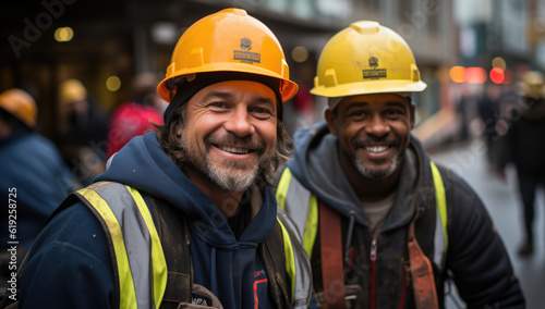 Building with a Smile: Construction Crew in Suits Grinning as They Contribute to Progress. Pride in Progress: Construction Workers Smiling Confidently in Their Suits on the Job Site.