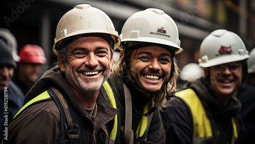Building with a Smile: Construction Crew in Suits Grinning as They Contribute to Progress. Pride in Progress: Construction Workers Smiling Confidently in Their Suits on the Job Site.