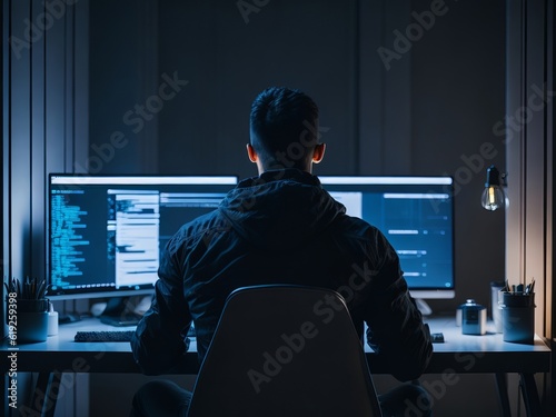 Back view man using a computer at night. Generative AI
