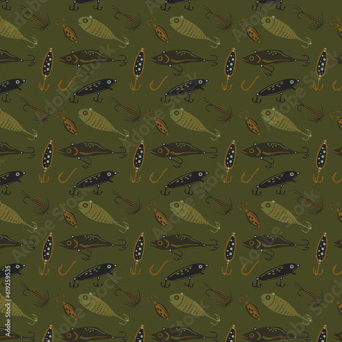 Fishing and fly fishing lures seamless pattern. Background, wallpaper or textile pattern design