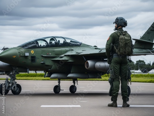 Back view military fighter jet pilot beside parked military airforce. Generative AI
